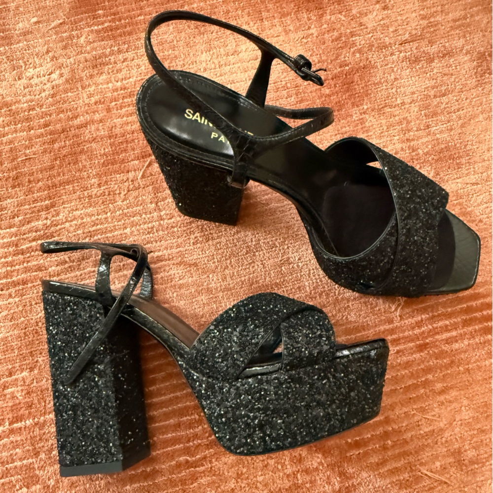 Saint Laurent Black Glitter Platform Sandals